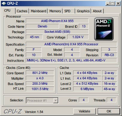 CPU-Z screen (1) : Phenom II X4 955 BE